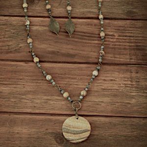 Boho Labradorite, Picture Jasper Pendant Necklace and Dangle Leaf Earring Set